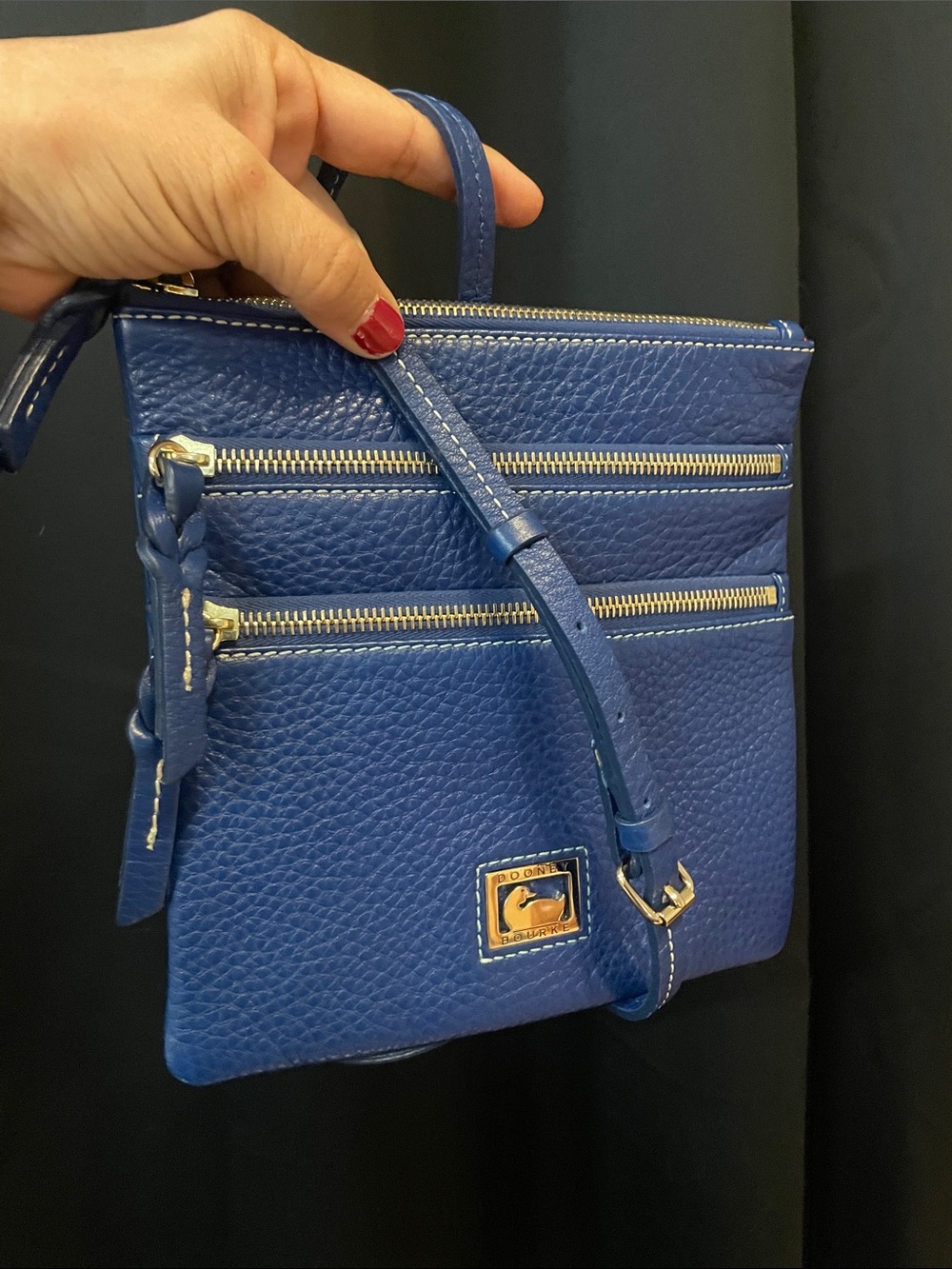 EUC Dooney & Bourke North South Blue Pebble Leather Crossbody Gold Hardware